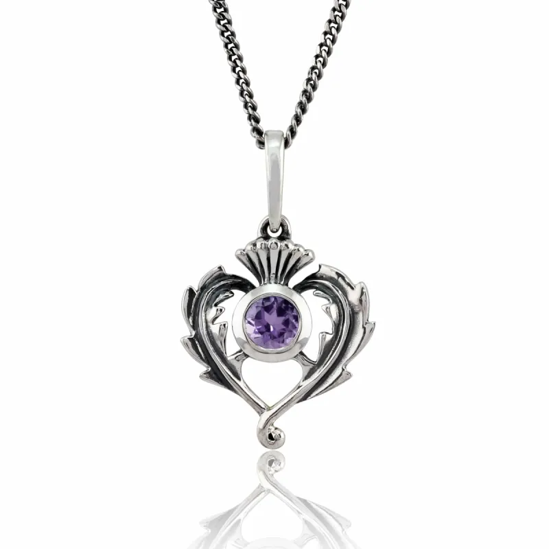 Art Nouveau Style Round Amethyst & Marcasite Thistle Pendant in 925 Sterling Silver sold by Gemondo Jewellery