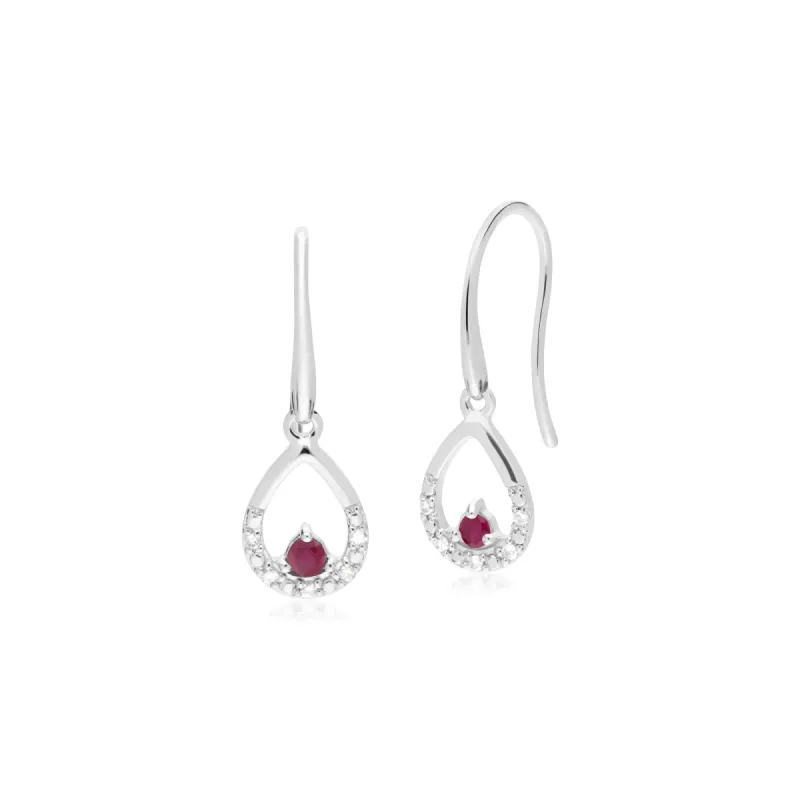 Classic Round Ruby & Diamond Tear Drop Earrings in 9ct White Gold sold by Gemondo Jewellery