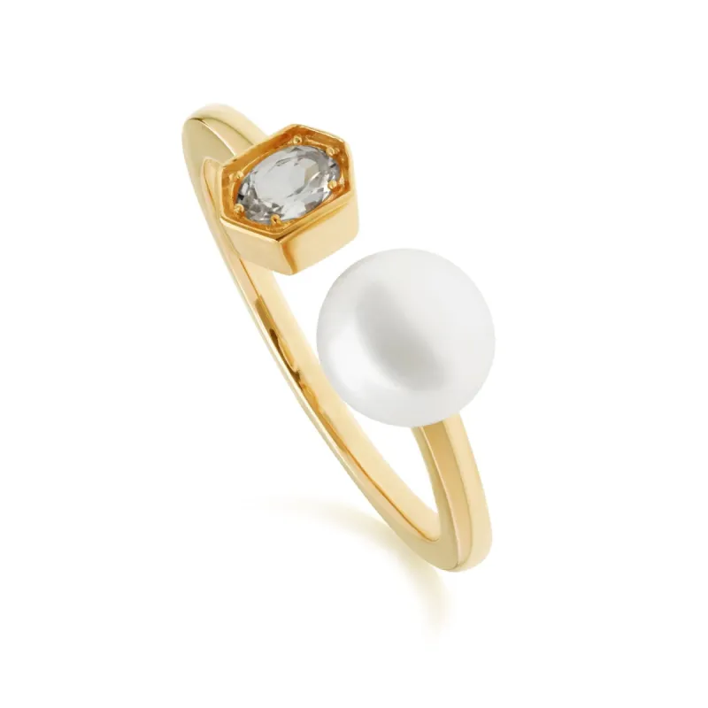 Modern Pearl & White Topaz Open Ring in Gold Plated Silver sold by Gemondo Jewellery