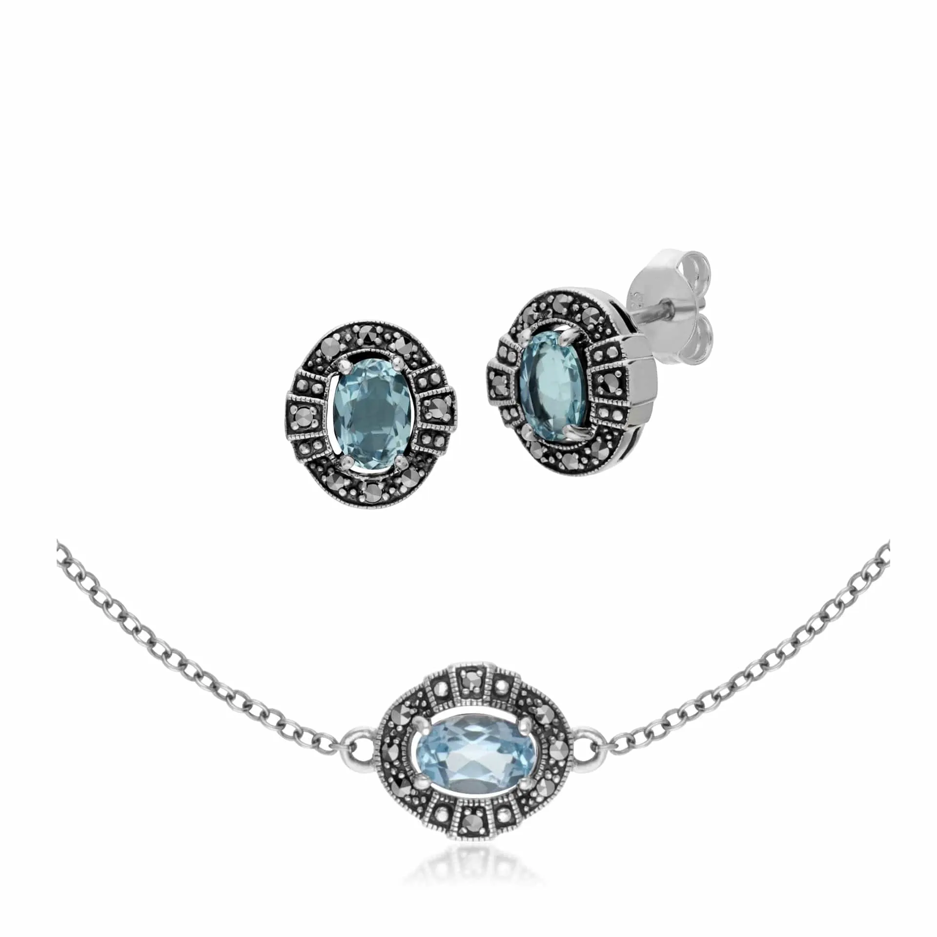 Art Deco Style Oval Blue Topaz and Marcasite Cluster Stud Earrings & Bracelet Set in 925 Sterling Silver sold by Gemondo Jewellery