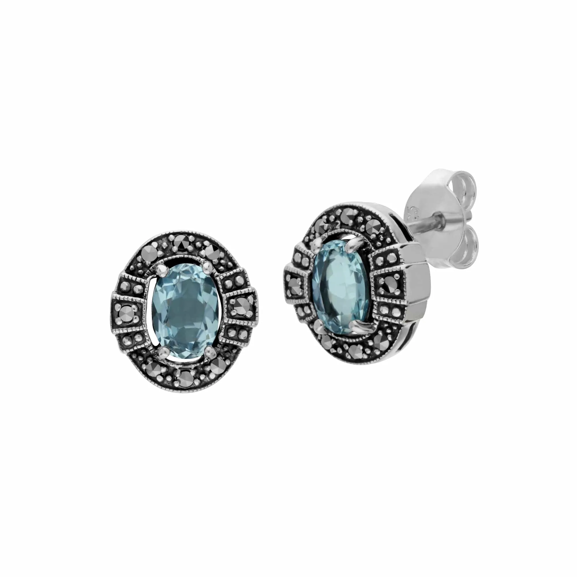 Art Deco Style Oval Blue Topaz and Marcasite Cluster Stud Earrings & Bracelet Set in 925 Sterling Silver sold by Gemondo Jewellery product image thumbnail 2