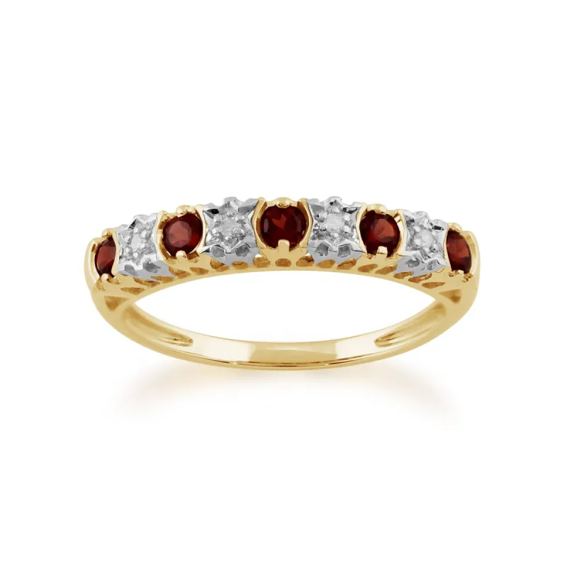 Classic Round Garnet & Diamond Half Eternity Ring in 9ct Yellow Gold sold by Gemondo Jewellery