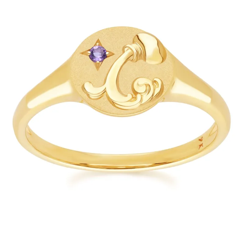 Zodiac Amethyst Aquarius Signet Ring In 9ct Yellow Gold sold by Gemondo Jewellery
