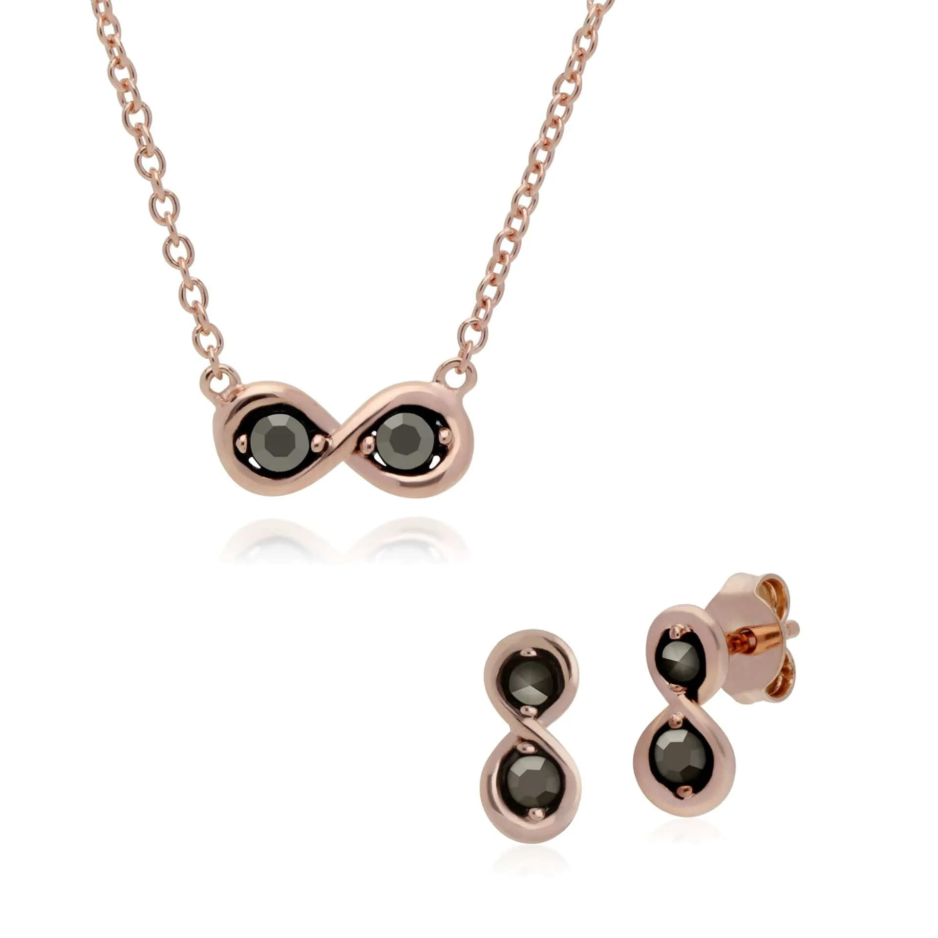 Rose Gold Plated Marcasite Infinity Stud Earrings & Necklace Set in 925 Sterling Silver sold by Gemondo Jewellery