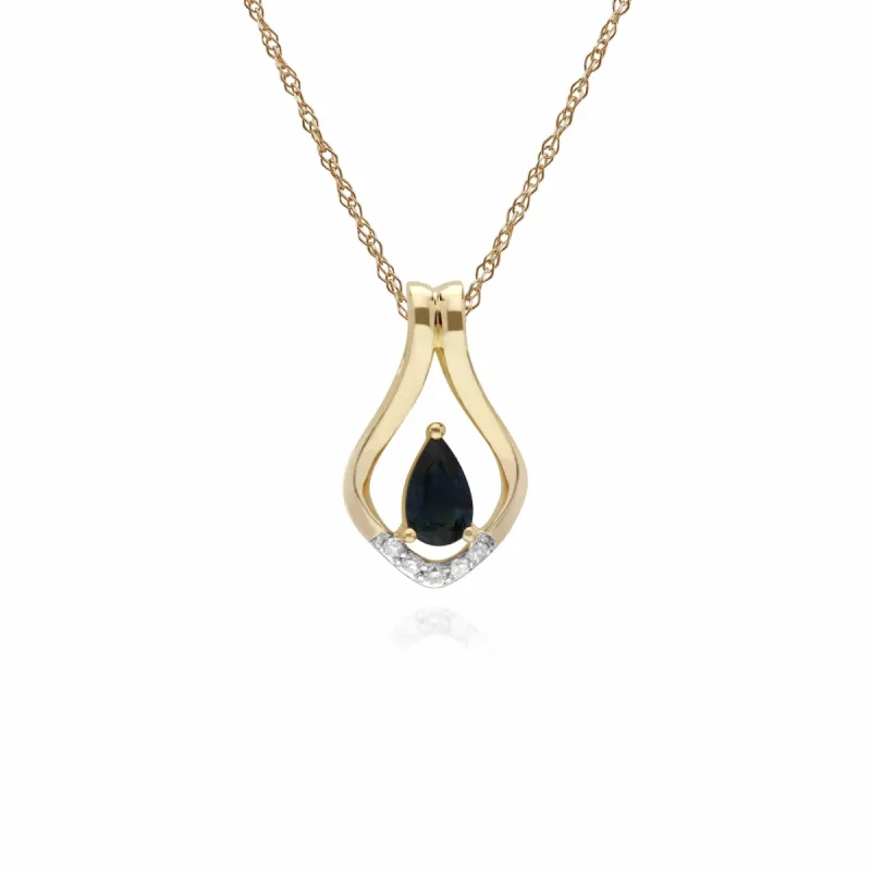 Classic Pear Sapphire & Five Diamond Leaf Halo Pendant in 9ct Yellow Gold sold by Gemondo Jewellery