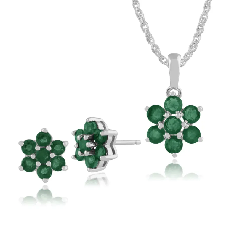 Floral Round Emerald Flower Cluster Stud Earrings & Pendant Set in 925 Sterling Silver sold by Gemondo Jewellery