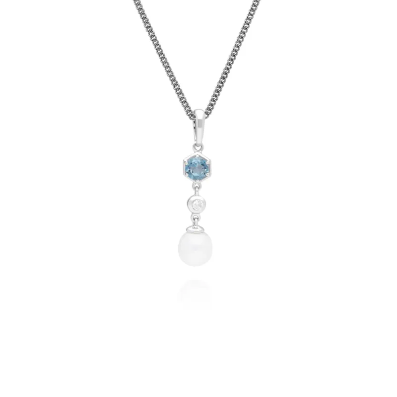 Modern Pearl & Blue Topaz Drop Pendant in 925 Sterling Silver sold by Gemondo Jewellery