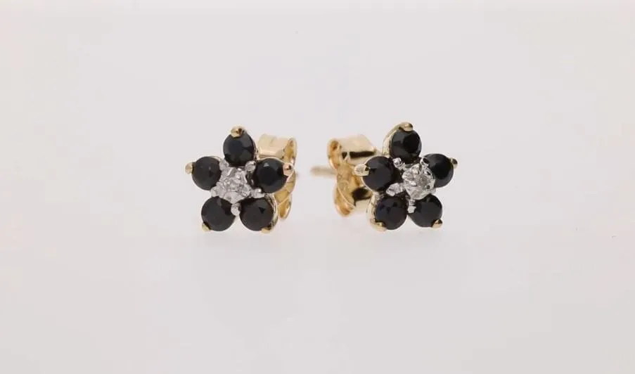 Floral Round Sapphire & Diamond Cluster Stud Earrings in 9ct Yellow Gold sold by Gemondo Jewellery product image thumbnail 2