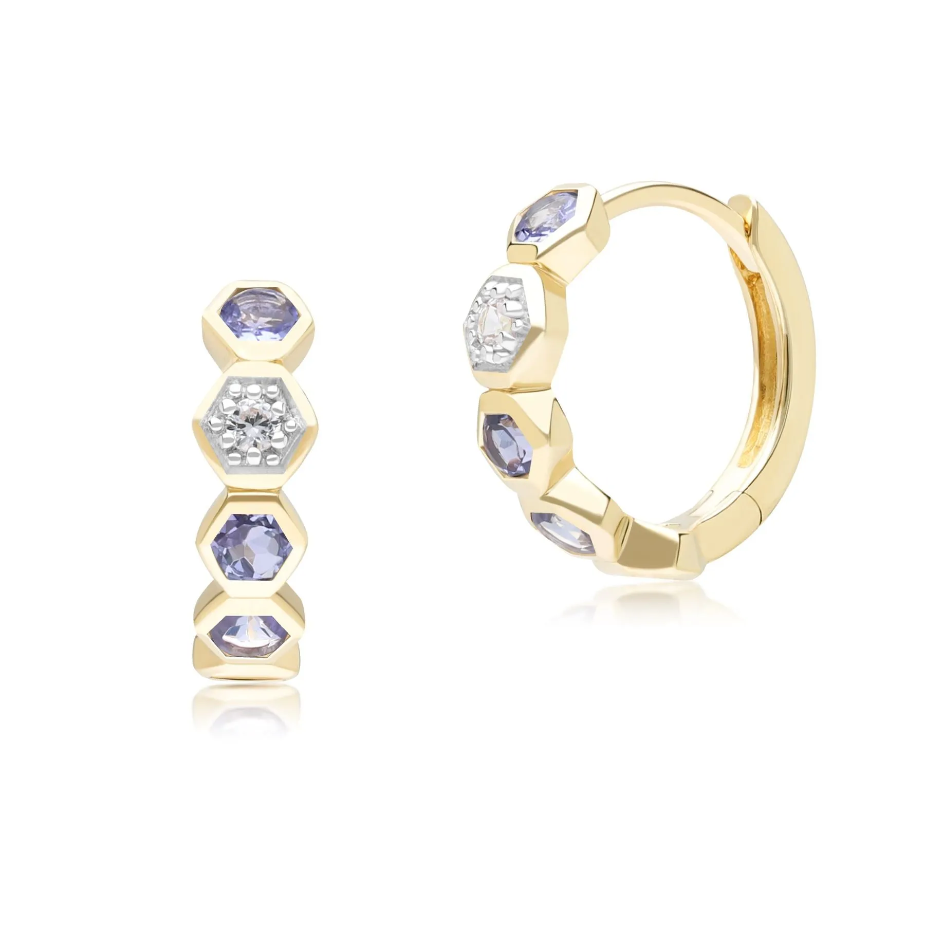 Geometric Round Tanzanite and Sapphire Hoop Earrings in 9ct Yellow Gold sold by Gemondo Jewellery