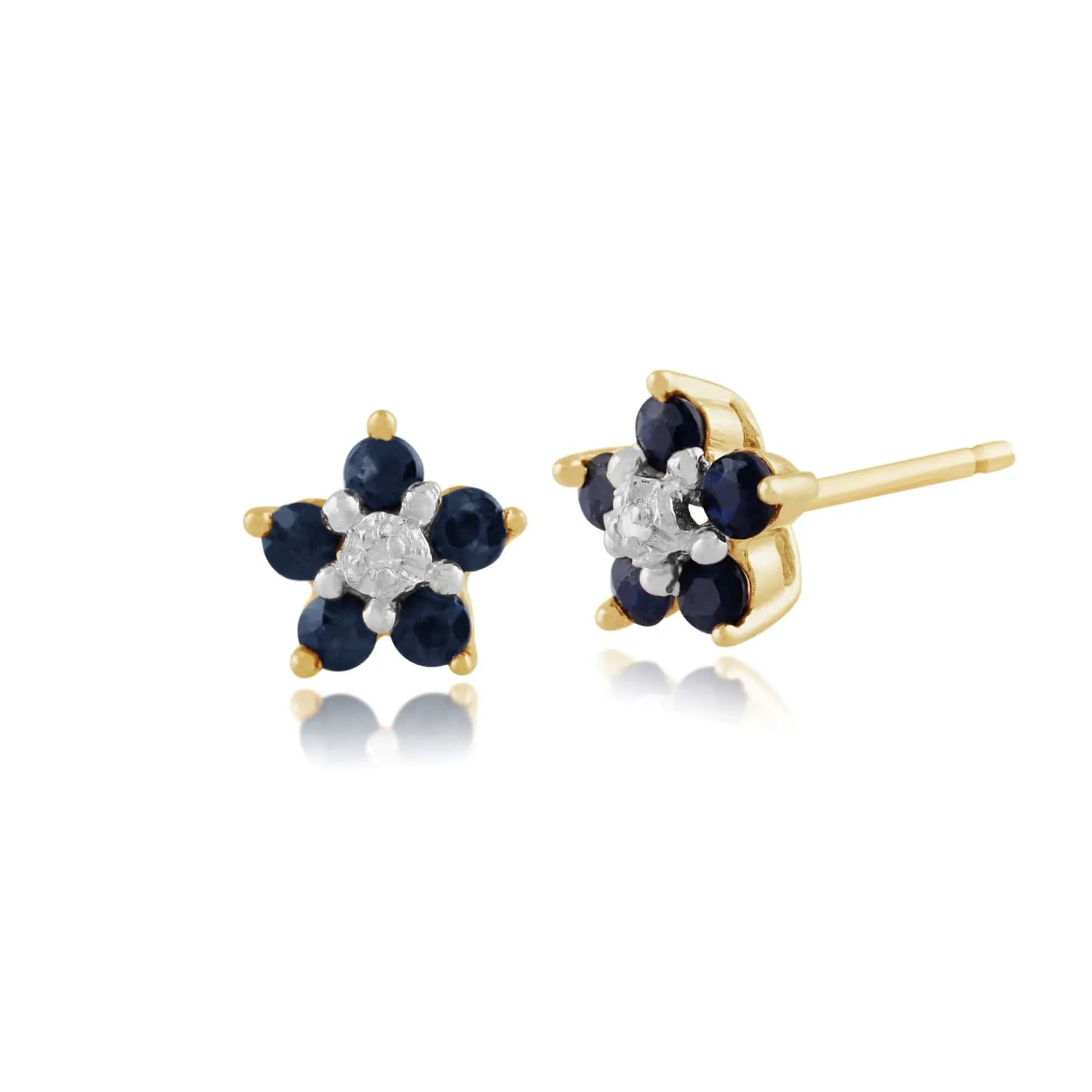 Floral Round Sapphire & Diamond Cluster Stud Earrings in 9ct Yellow Gold sold by Gemondo Jewellery