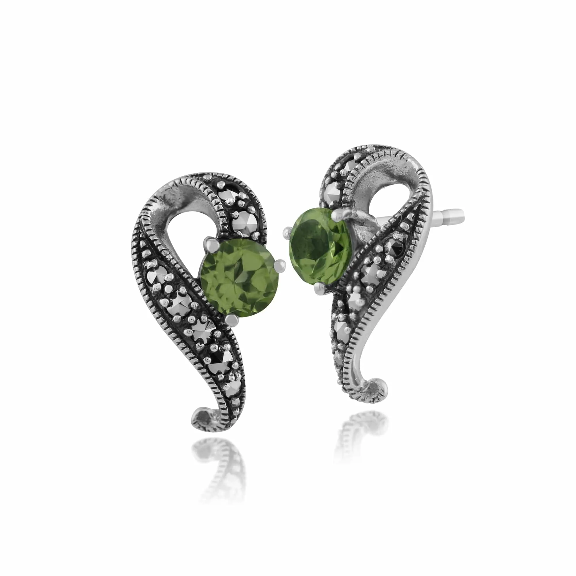 Art Nouveau Style Round Peridot & Marcasite Swirl Stud Earrings in 925 Sterling Silver sold by Gemondo Jewellery