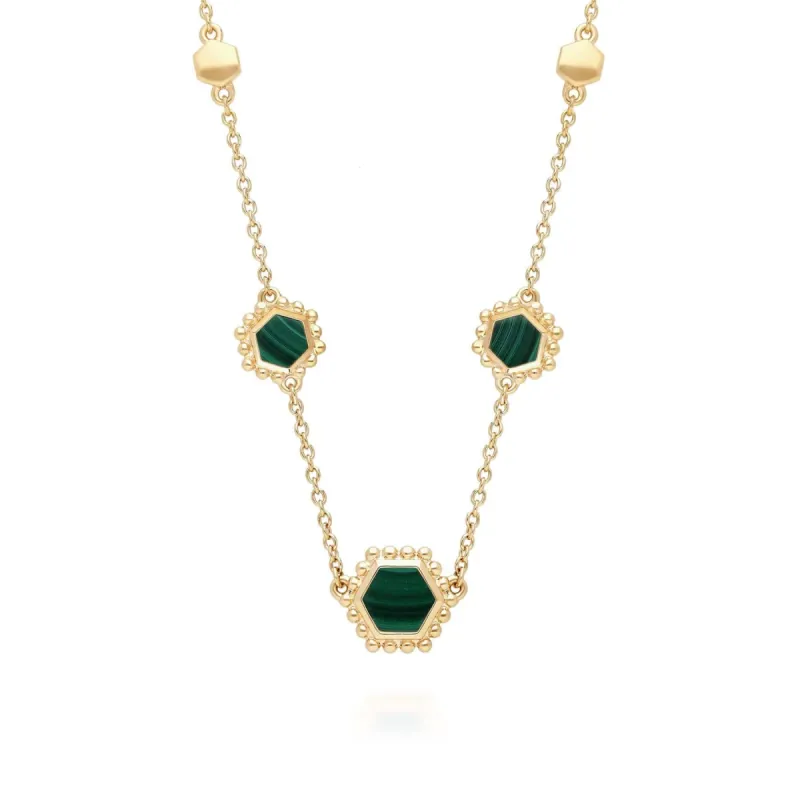 Malachite Flat Slice Hex Chain Necklace in Gold Plated Sterling Silver sold by Gemondo Jewellery