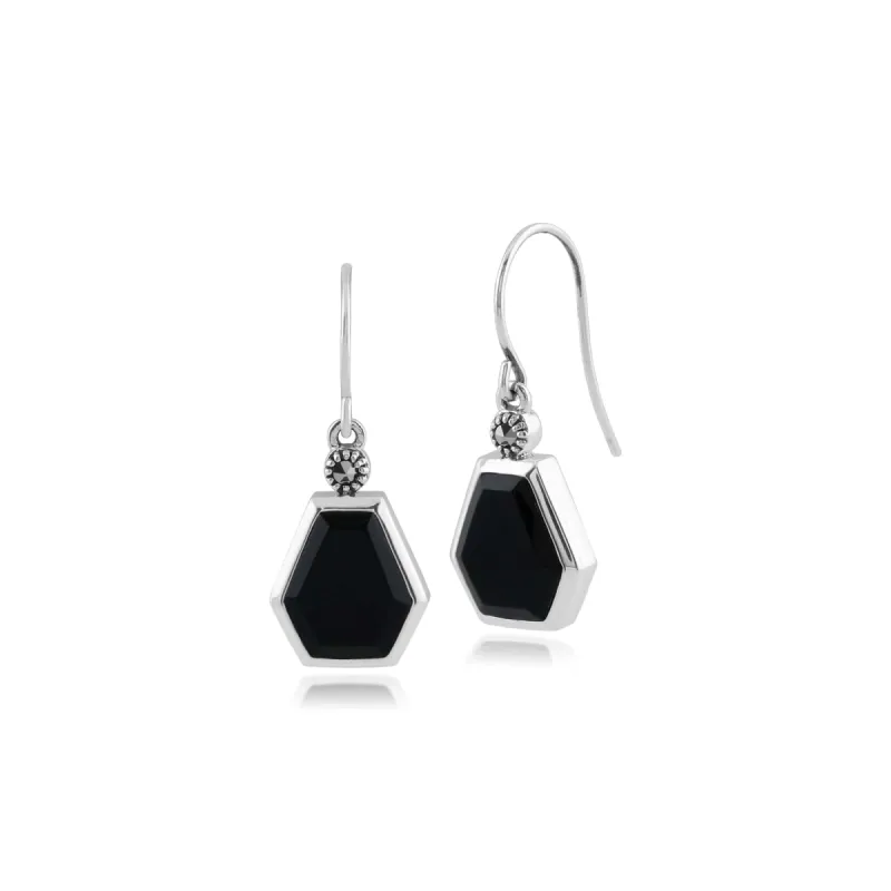 Gemondo 925 Sterling Silver Art Deco Black Onyx & Marcasite Drop Earrings sold by Gemondo Jewellery