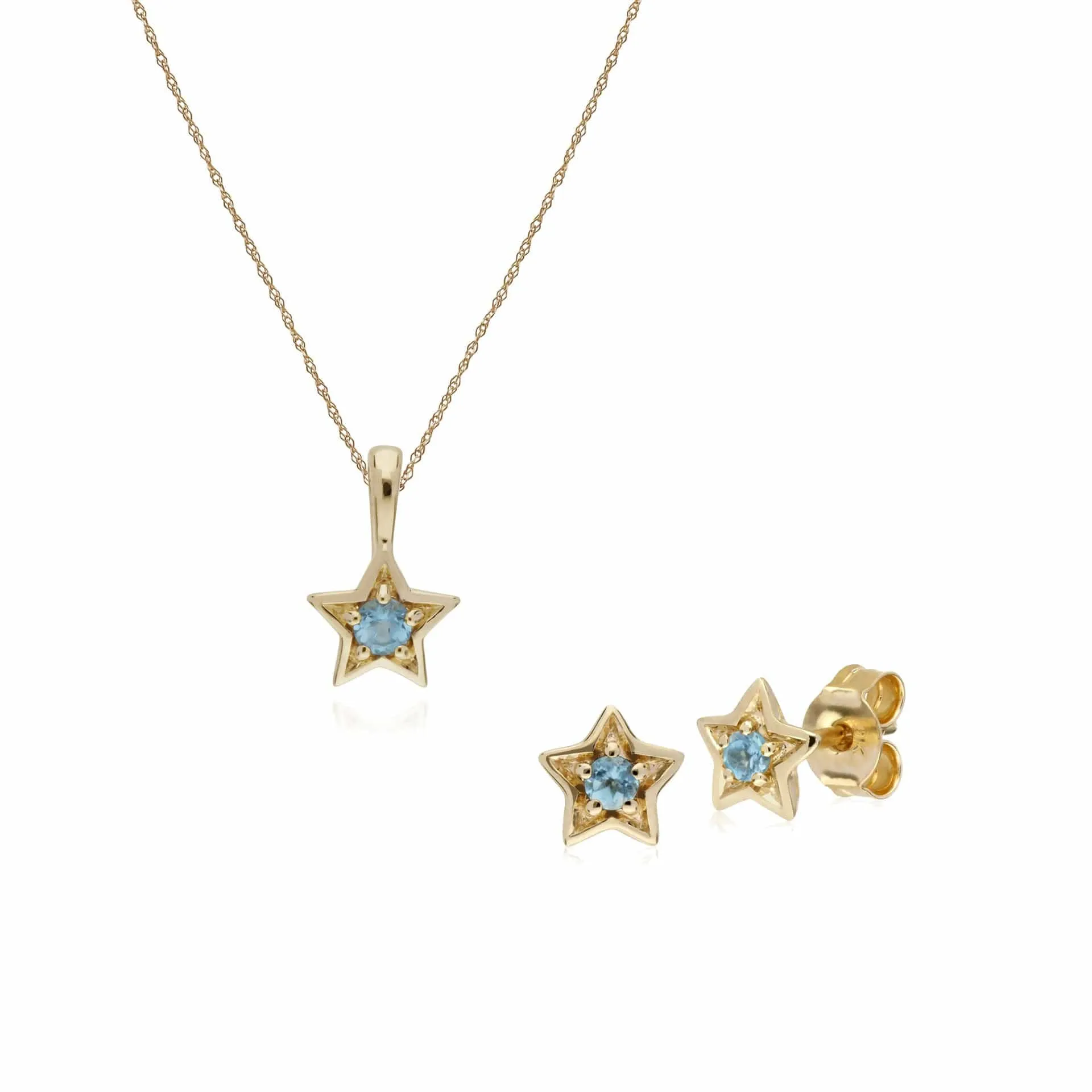 Contemporary Round Blue Topaz Single Stone Star Earrings & Necklace Set in 9ct Yellow Gold sold by Gemondo Jewellery