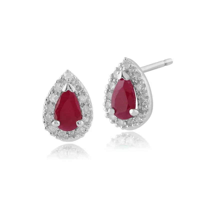 Classic Pear Ruby & Diamond Cluster Stud Earrings in 9ct White Gold sold by Gemondo Jewellery
