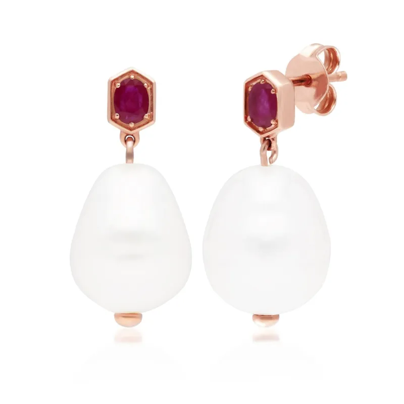 Modern Baroque Pearl & Ruby Drop Earrings in Rose Gold Plated Silver sold by Gemondo Jewellery