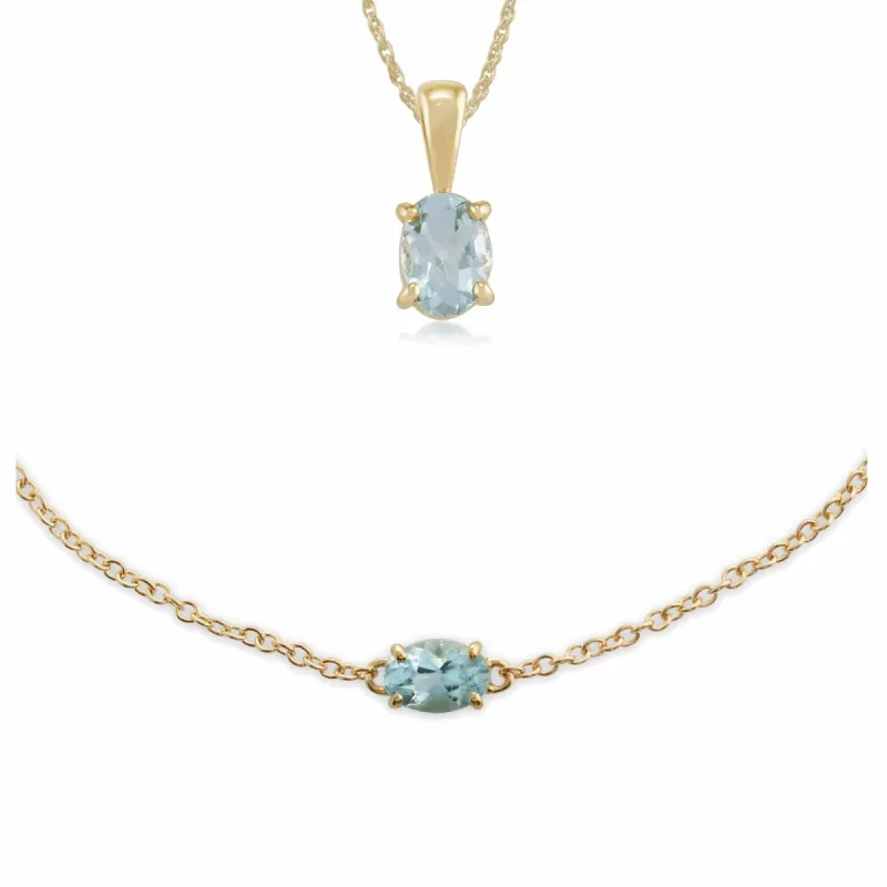 Classic Oval Aquamarine Single Stone Pendant & Bracelet Set in 9ct Yellow Gold sold by Gemondo Jewellery
