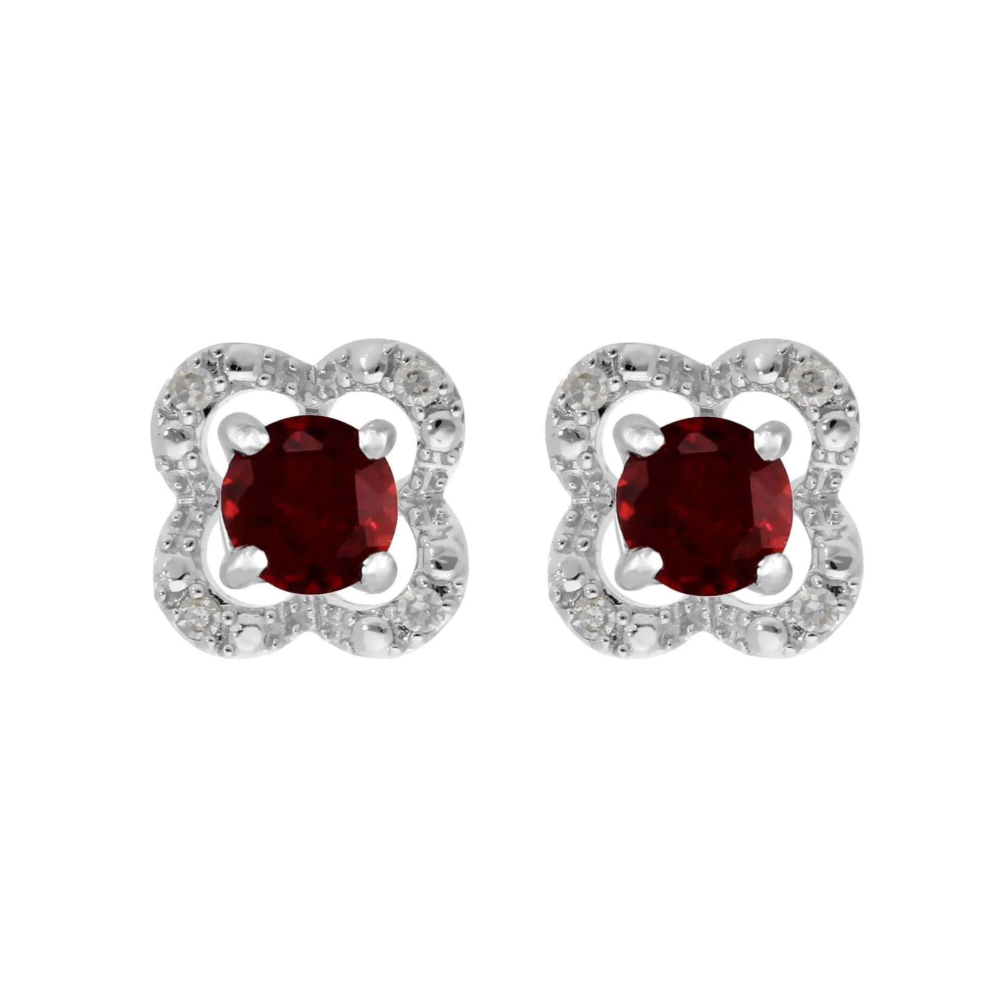 Classic Round Garnet Studs with Detachable Diamond Flower Ear Jacket in 9ct White Gold sold by Gemondo Jewellery