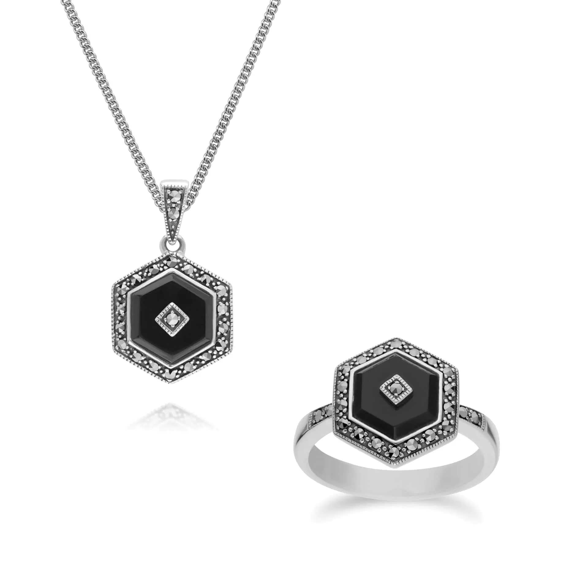 Art Deco Style Black Onyx and Marcasite Hexagon Silver Ring & Pendant Set sold by Gemondo Jewellery
