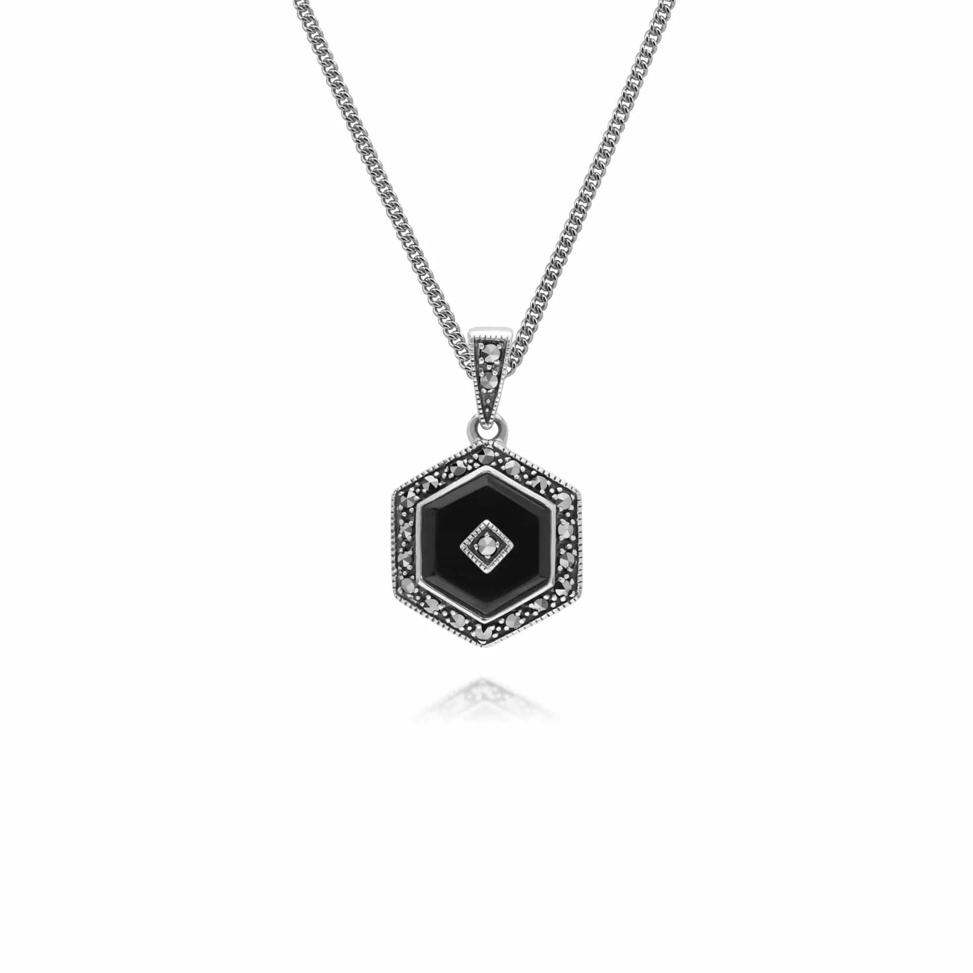 Art Deco Style Black Onyx and Marcasite Hexagon Silver Ring & Pendant Set sold by Gemondo Jewellery product image thumbnail 2