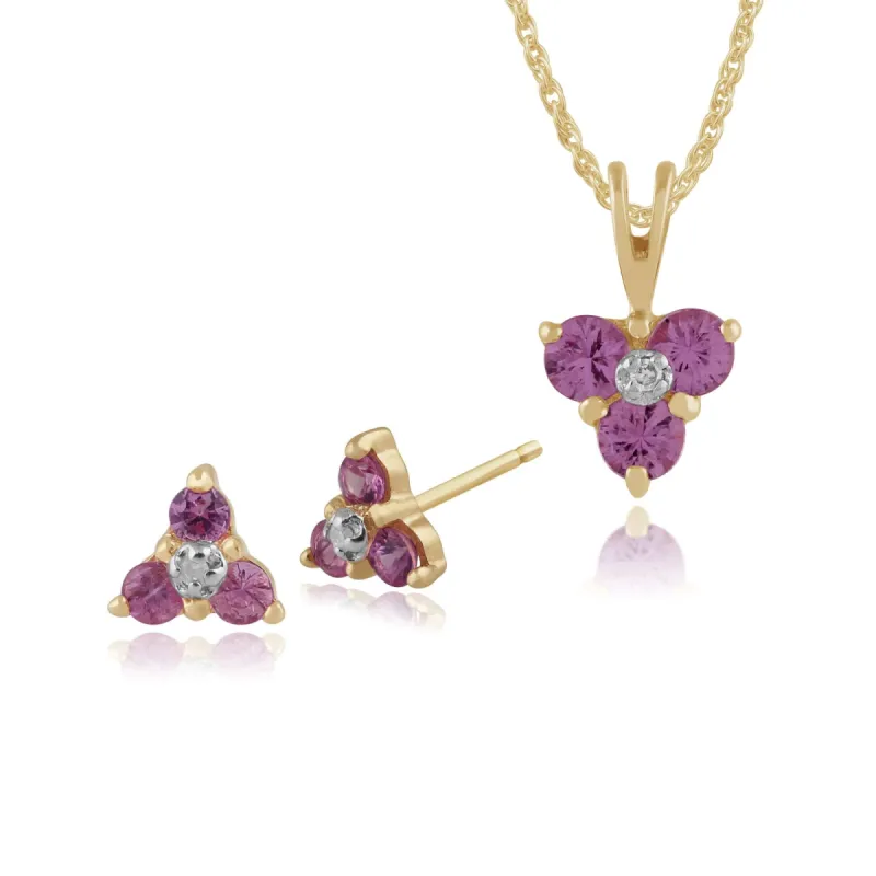 Floral Round Pink Sapphire & Diamond Flower Stud Earrings & Pendant Set in 9ct Yellow Gold sold by Gemondo Jewellery