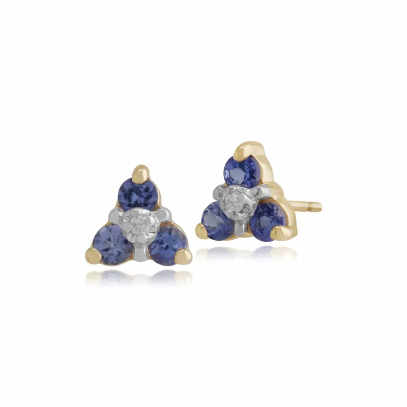 Floral Round Tanzanite & Diamond Stud Earrings in 9ct Yellow Gold sold by Gemondo Jewellery