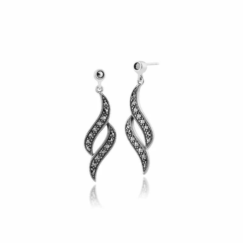 Art Nouveau Style Round Marcasite Swirl Drop Earrings in 925 Sterling Silver sold by Gemondo Jewellery