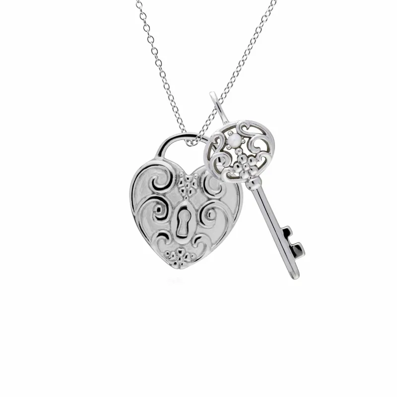 Classic Swirl Heart Lock Pendant & Pearl Big Key Charm in 925 Sterling Silver sold by Gemondo Jewellery