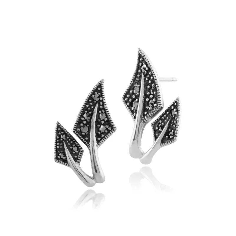 Art Nouveau Style Pear Marcasite Leaf Stud Earrings in 925 Sterling Silver sold by Gemondo Jewellery