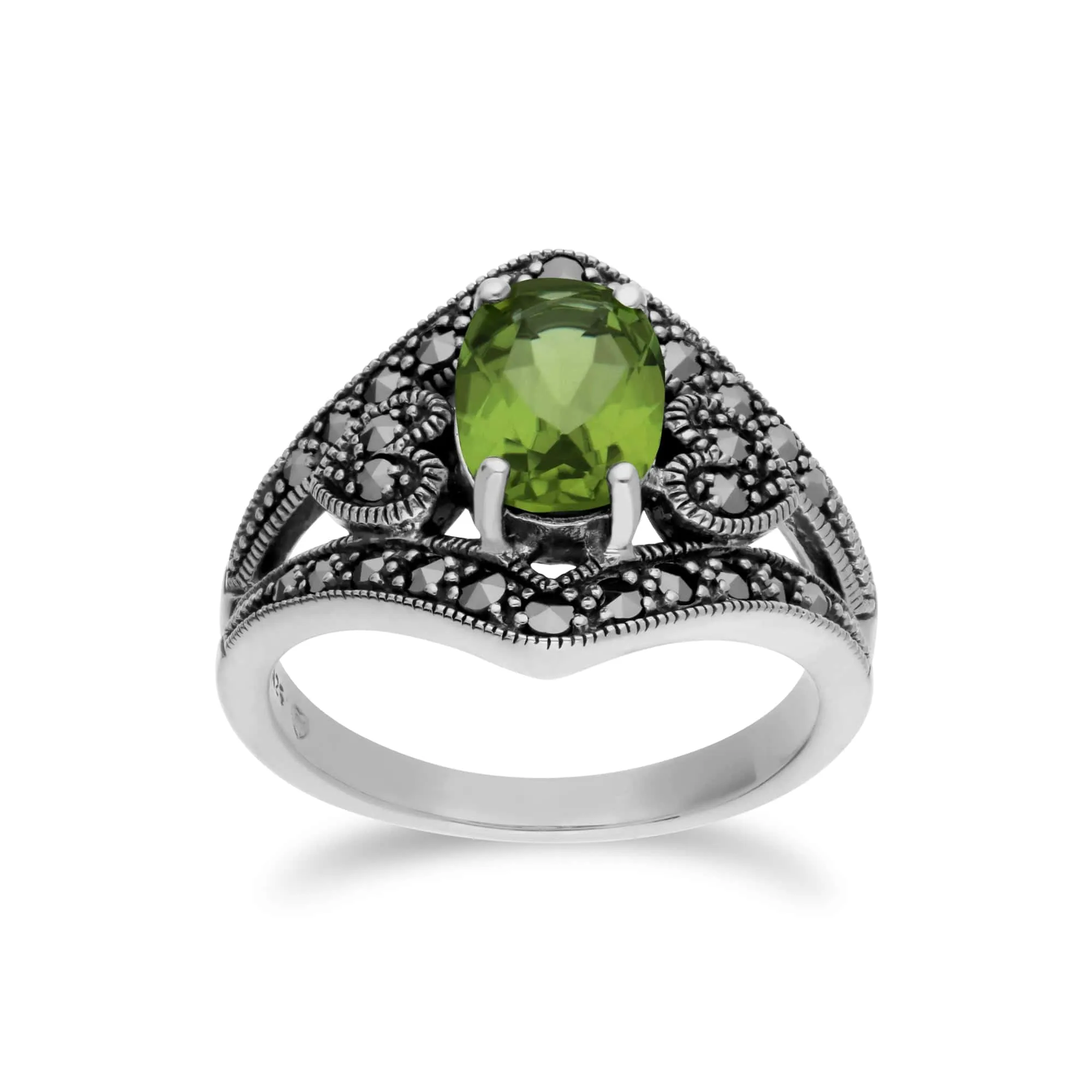Art Deco Style Oval Peridot & Marcasite in 925 Sterling Silver sold by Gemondo Jewellery
