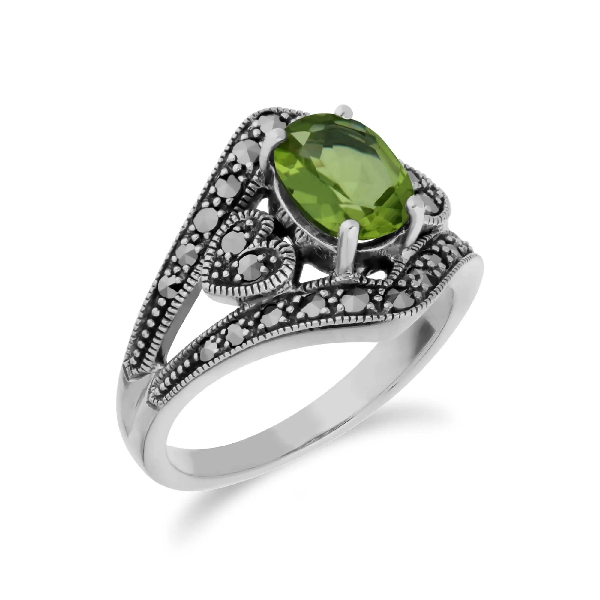 Art Deco Style Oval Peridot & Marcasite in 925 Sterling Silver sold by Gemondo Jewellery product image thumbnail 2
