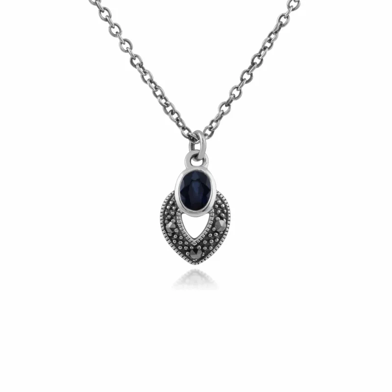 Art Deco Style Oval Sapphire & Marcasite Necklace in 925 Sterling Silver sold by Gemondo Jewellery