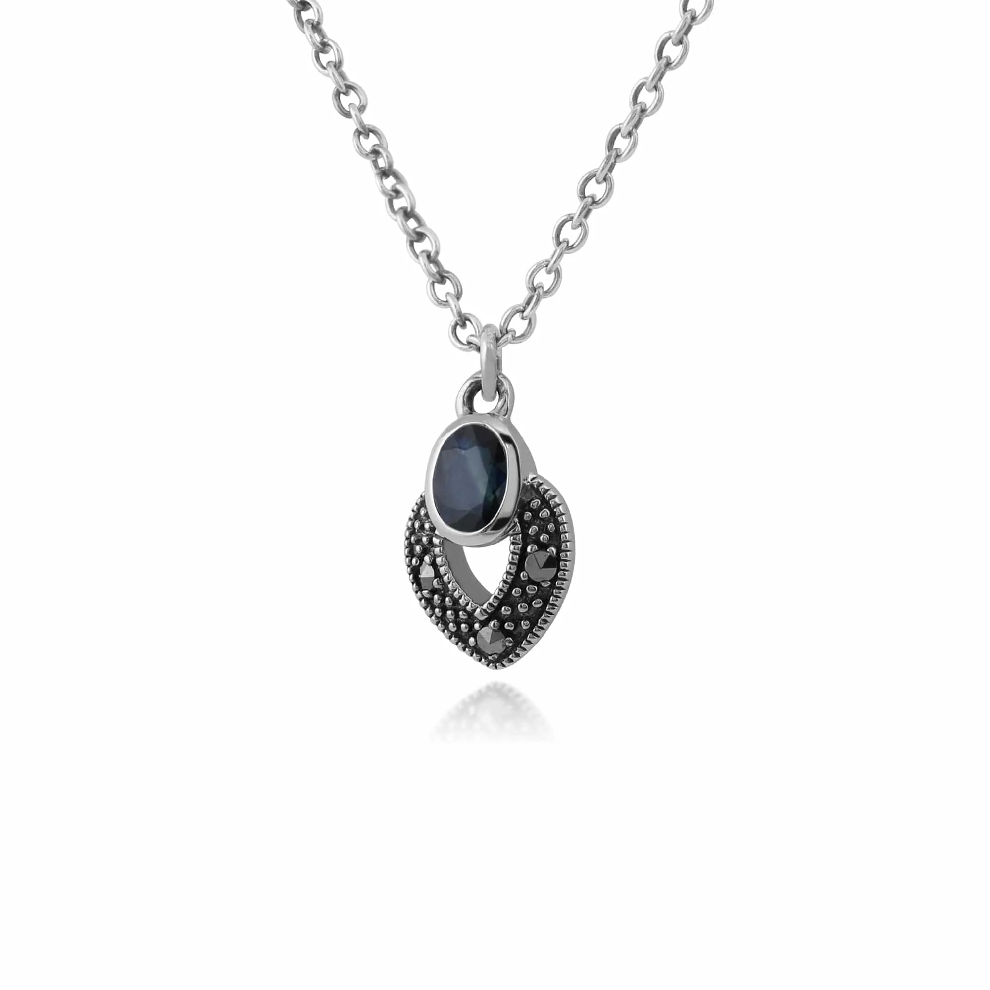 Art Deco Style Oval Sapphire & Marcasite Necklace in 925 Sterling Silver sold by Gemondo Jewellery product image thumbnail 2