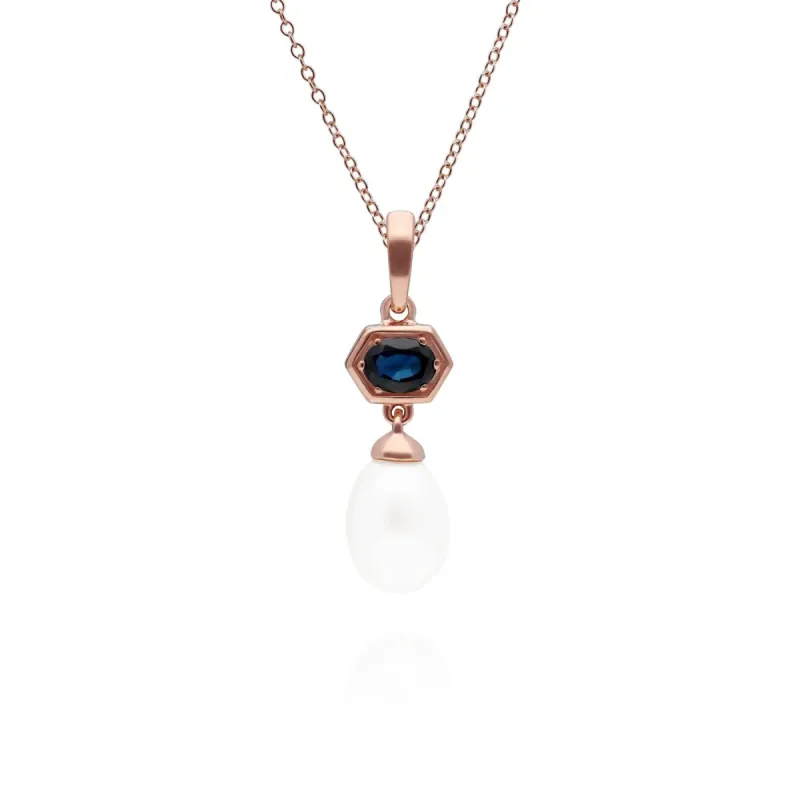 Modern Pearl & Sapphire Drop Pendant in Rose Gold Plated Silver sold by Gemondo Jewellery
