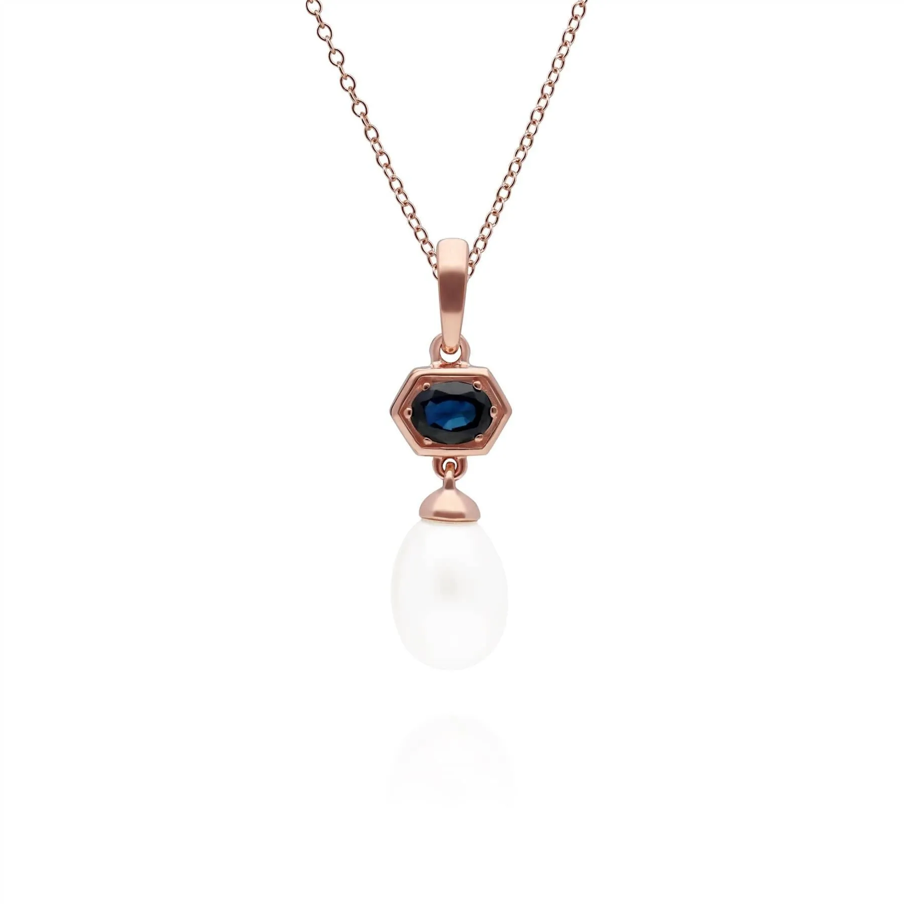 Modern Pearl & Sapphire Drop Pendant in Rose Gold Plated Silver sold by Gemondo Jewellery