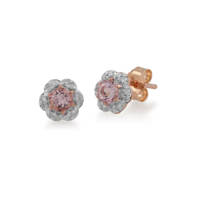 Floral Round Morganite & Diamond Halo Stud Earrings in 9ct Rose Gold sold by Gemondo Jewellery