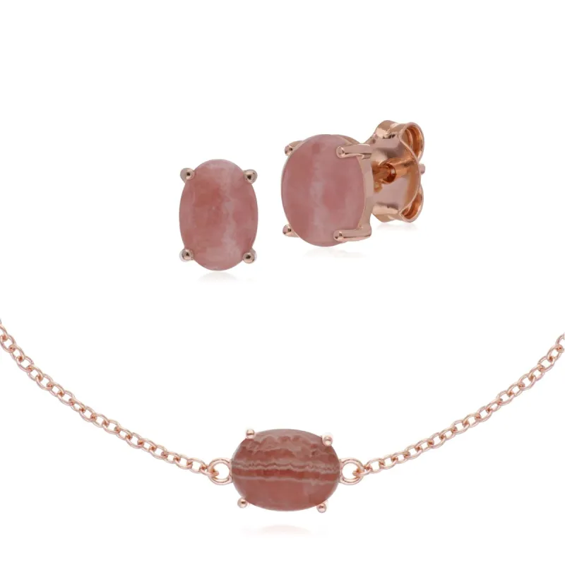 Classic Oval Rhodochrosite Stud Earrings & Bracelet Set in Rose Gold Plated 925 Sterling Silver sold by Gemondo Jewellery