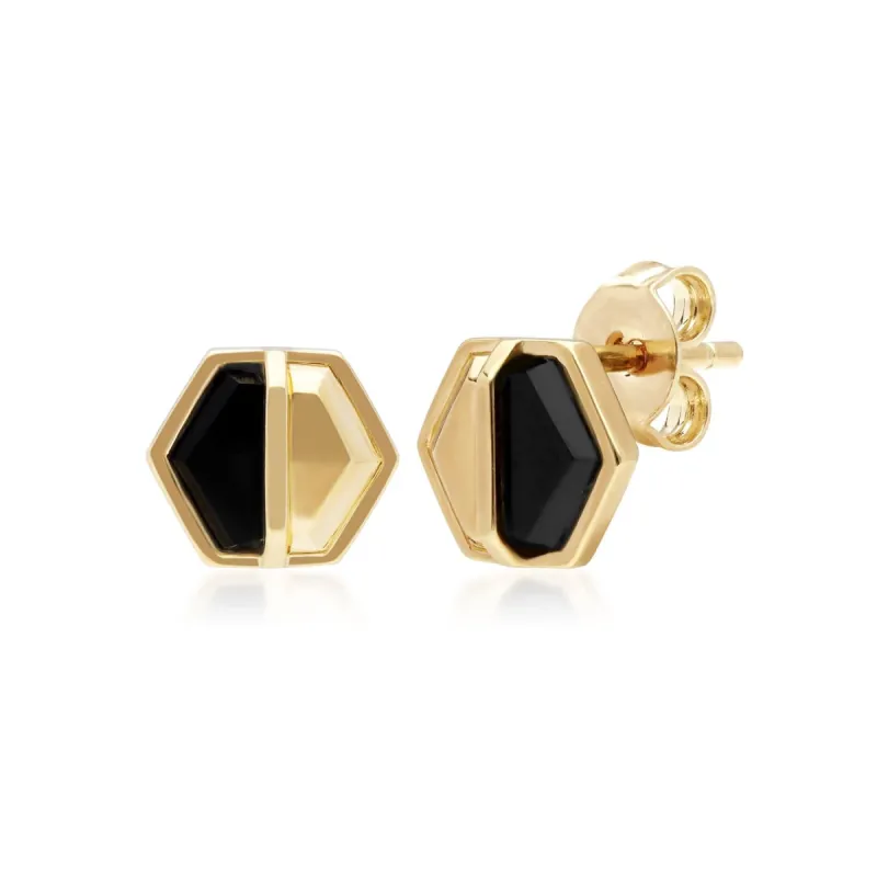 Micro Statement Onyx Hexagon Stud Earrings in Gold Plated  Silver sold by Gemondo Jewellery