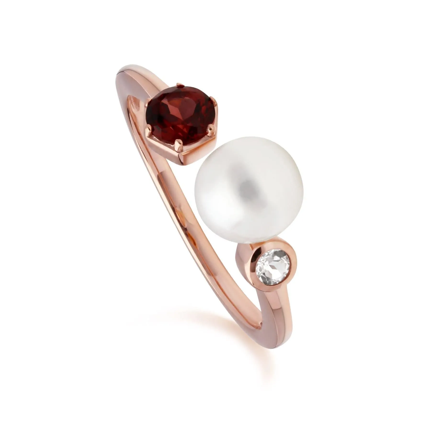 Modern Pearl, Garnet & Topaz Open Ring in Rose Gold Plated Silver sold by Gemondo Jewellery