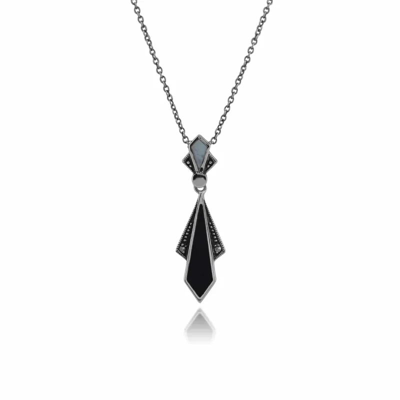 Art Deco Style Diamond Black Onyx, Mother of Pearl & Marcasite Necklace In Sterling Silver sold by Gemondo Jewellery