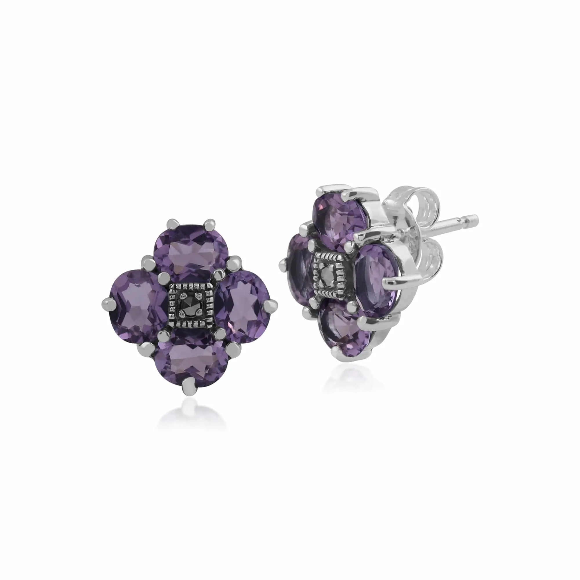 Gemondo Sterling Silver Amethyst & Marcasite Cluster Stud Earrings sold by Gemondo Jewellery