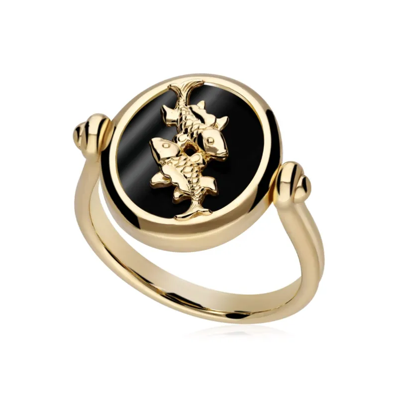 Zodiac Black Onyx Pisces Flip Ring in 18ct Gold Plated Silver sold by Gemondo Jewellery