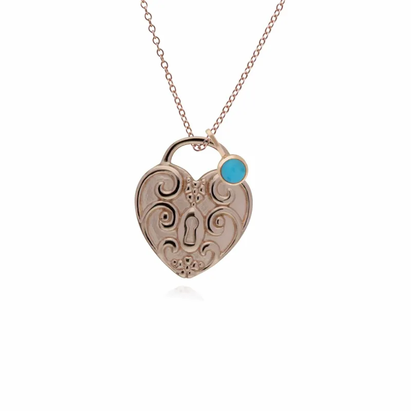 Classic Swirl Heart Lock Pendant & Turquoise Charm in Rose Gold Plated 925 Sterling Silver sold by Gemondo Jewellery