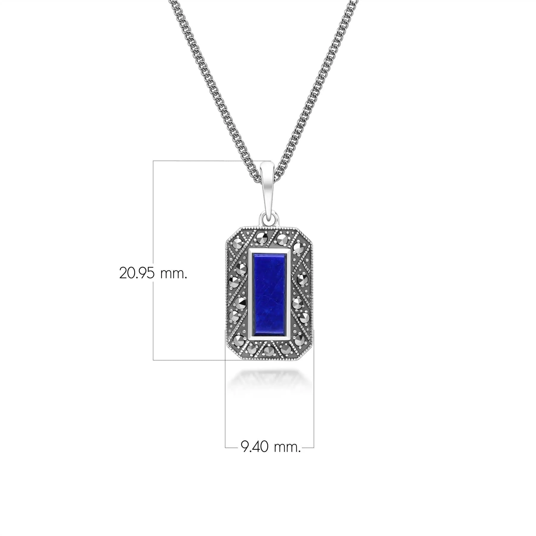 Art Deco Style Rectangle Lapis Lazuli and Marcasite Pendant Necklace in Sterling Silver sold by Gemondo Jewellery product image thumbnail 3