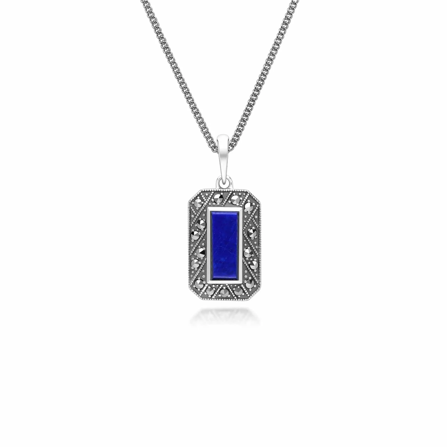 Art Deco Style Rectangle Lapis Lazuli and Marcasite Pendant Necklace in Sterling Silver sold by Gemondo Jewellery