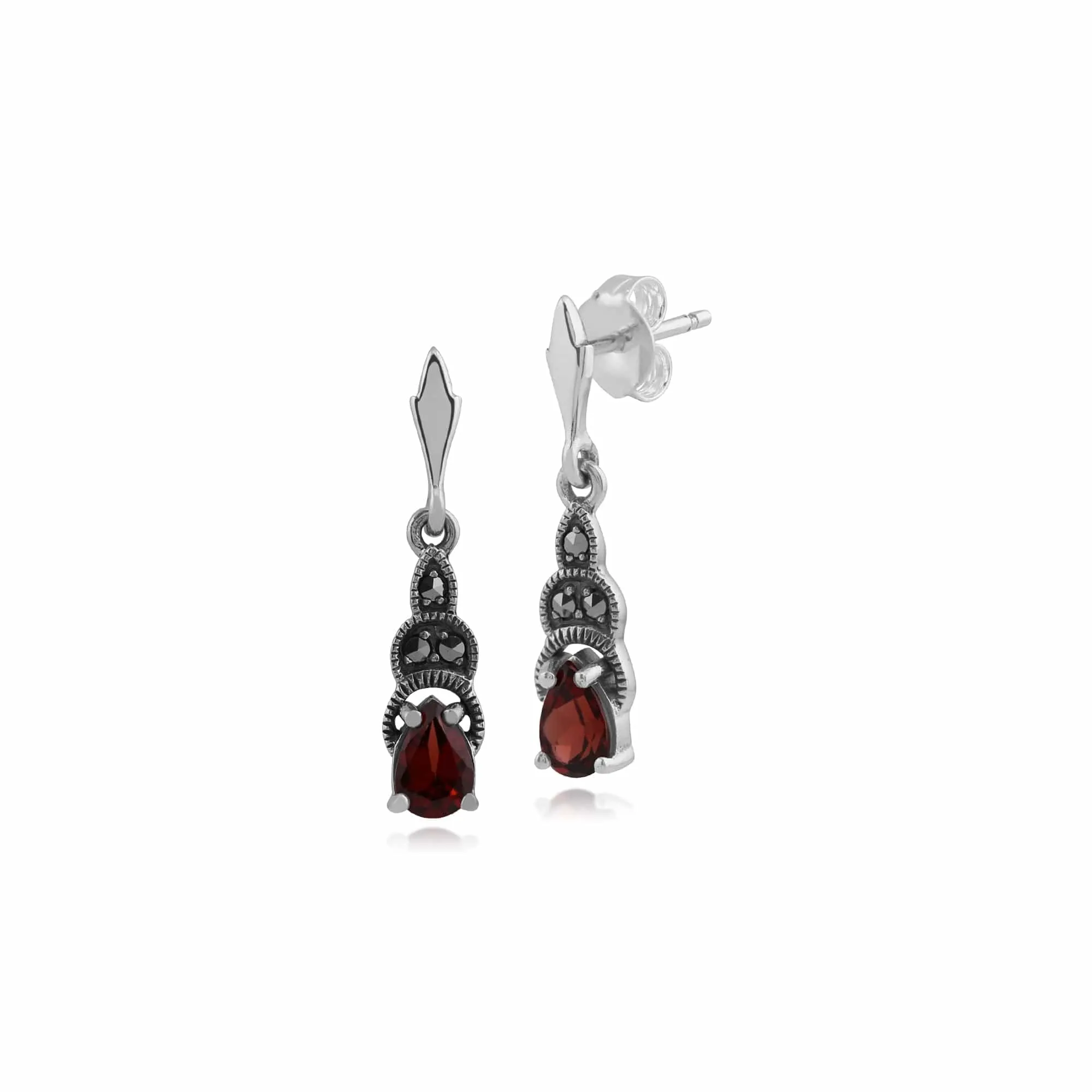 Art Deco Style Pear Garnet & Marcasite Drop Earrings in 925 Sterling Silver sold by Gemondo Jewellery