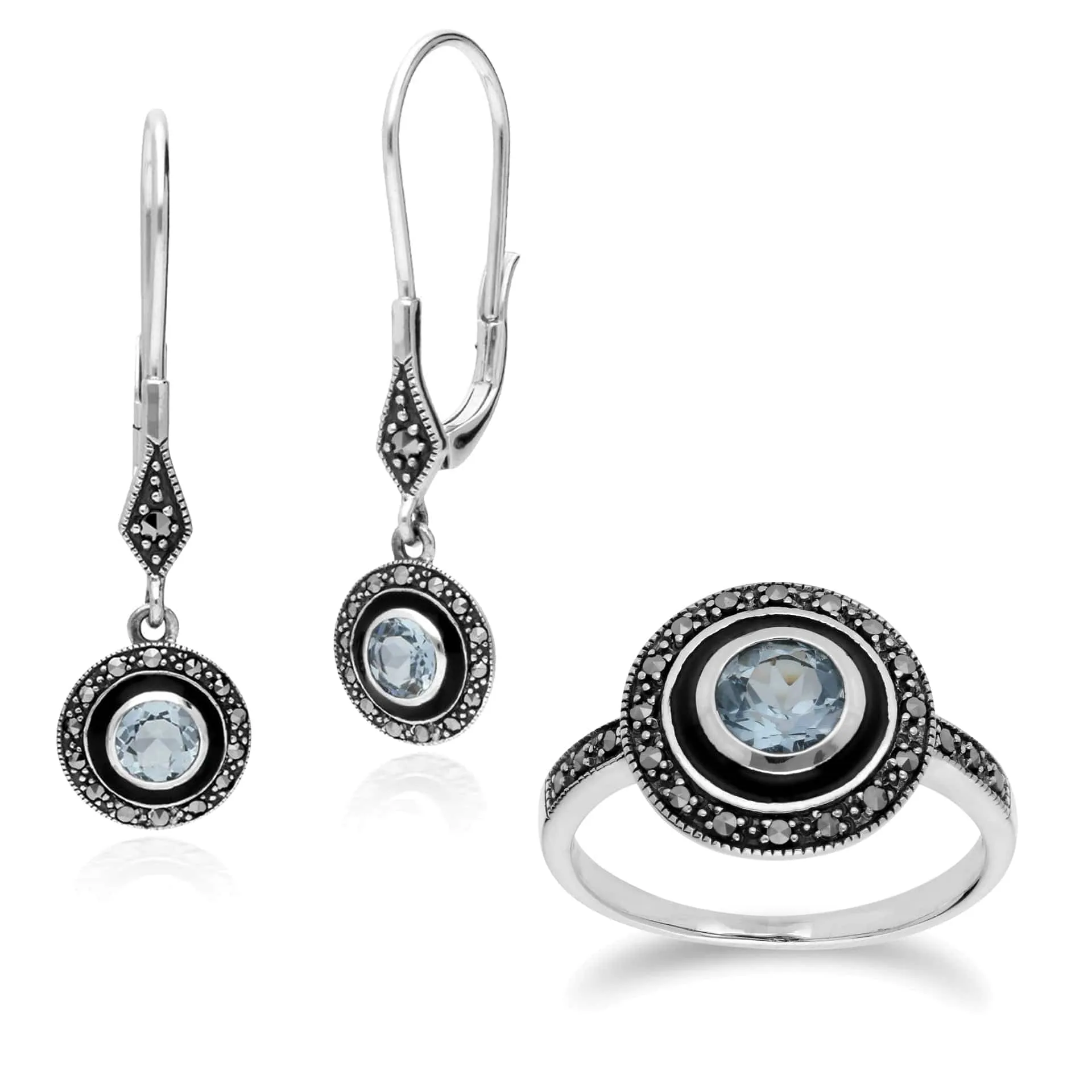 Art Deco Style Round Blue Topaz, Marcasite & Black Enamel Drop Earrings & Ring Set in 925 Sterling Silver sold by Gemondo Jewellery