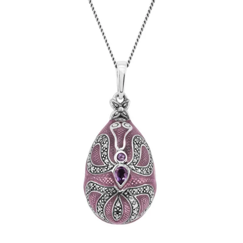 Art Nouveau Style Purple Enamel & Amethyst Egg Pendant in Sterling Silver sold by Gemondo Jewellery