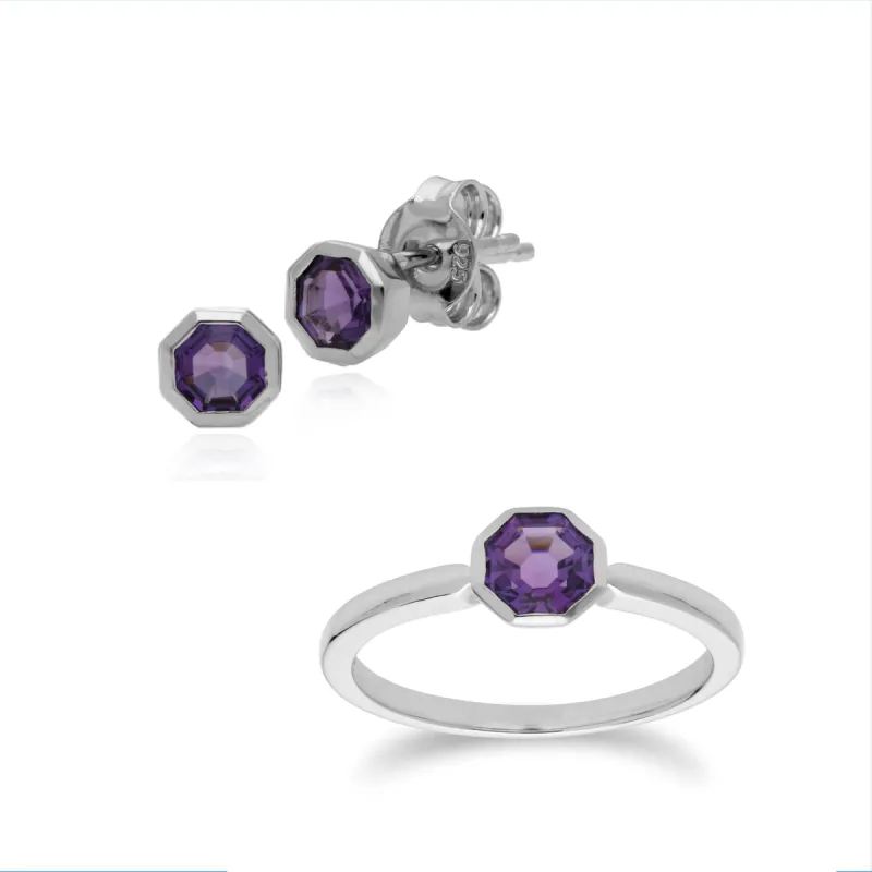 Geometric Octagon Amethyst Bezel Stud Earrings & Ring Set in 925 Sterling Silver sold by Gemondo Jewellery