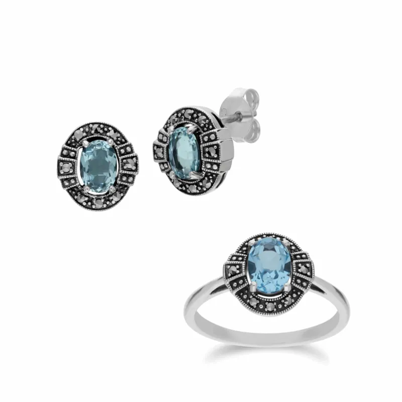 Art Deco Style Oval Blue Topaz and Marcasite Cluster Stud Earrings & Ring Set in 925 Sterling Silver sold by Gemondo Jewellery